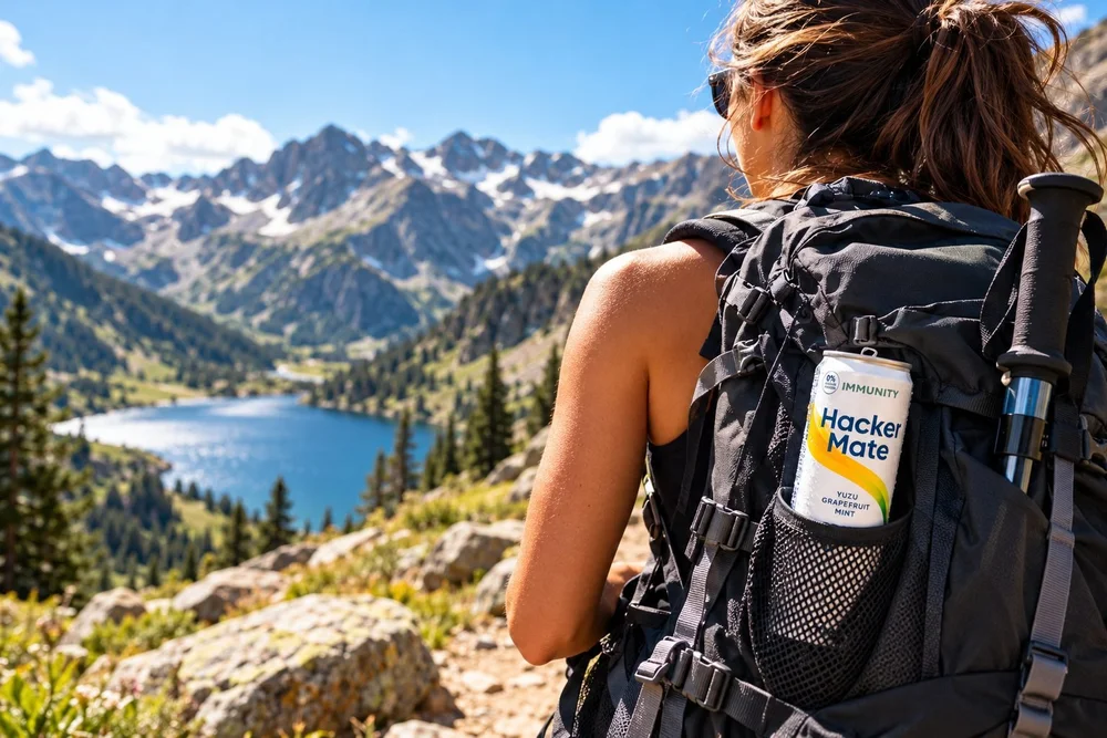Hiker with a can of Hacker Mate Immunity in her backpack by a mountain lake