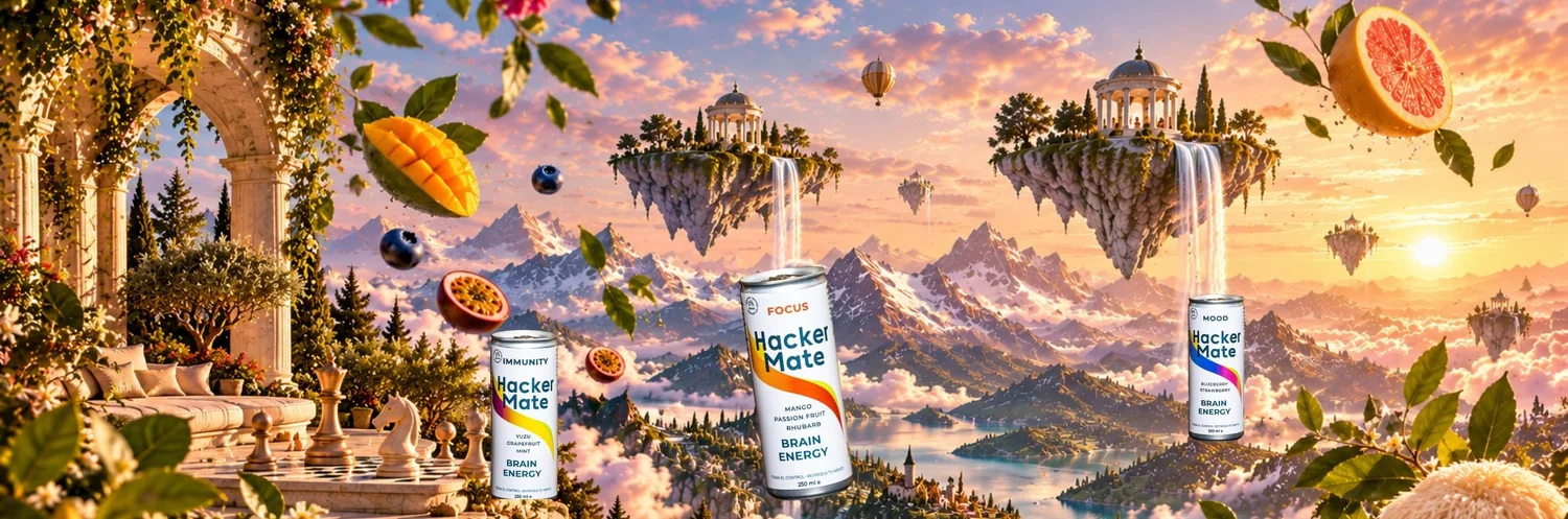 Latas de Hacker Mate Immunity, Focus y Mood flotando sobre un paisaje de fantasía con fruta y melena de león