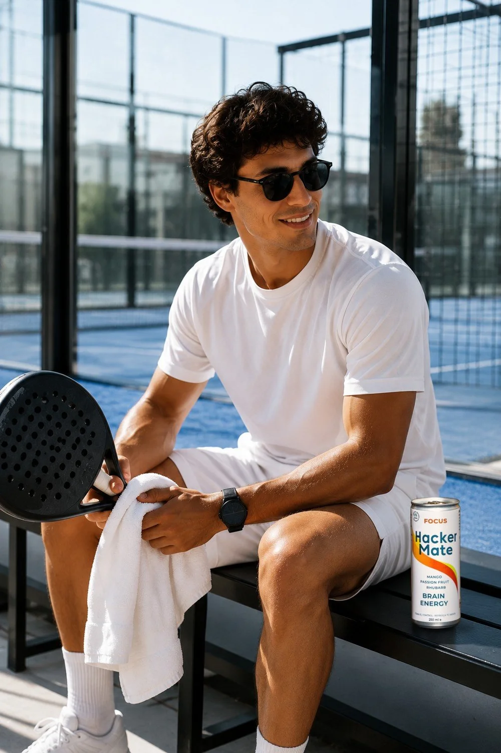 Padel player resting on a bench next to a can of Hacker Mate Focus