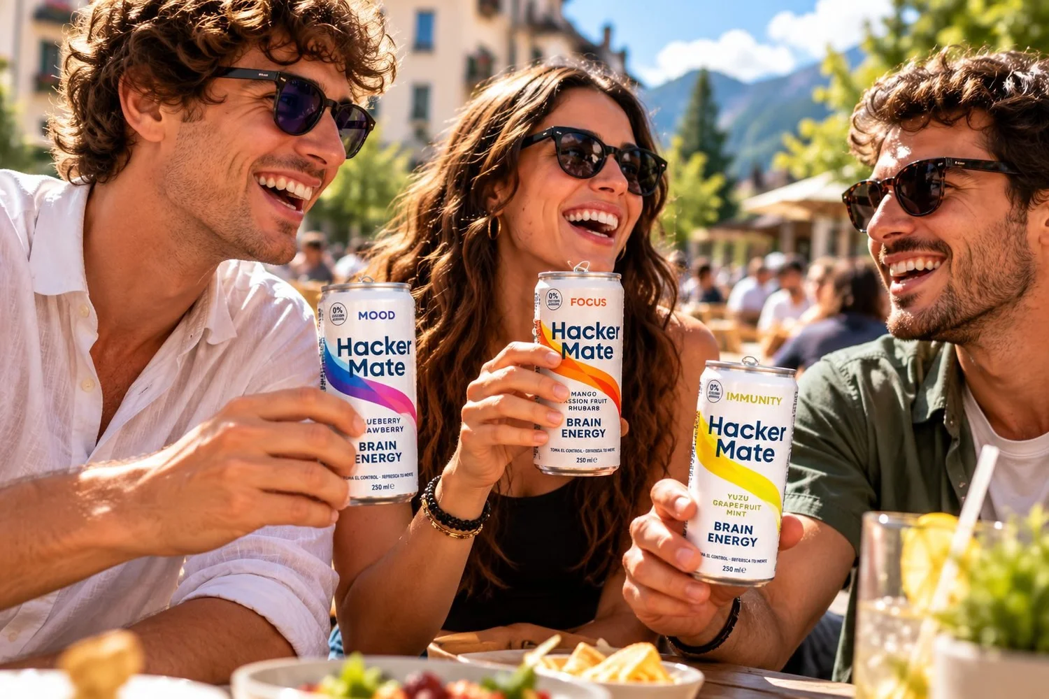 Three friends laughing on a terrace with cans of Hacker Mate Mood, Focus and Immunity