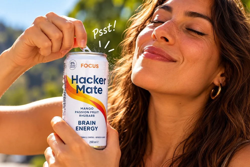 Woman opening a can of Hacker Mate Focus in the sun