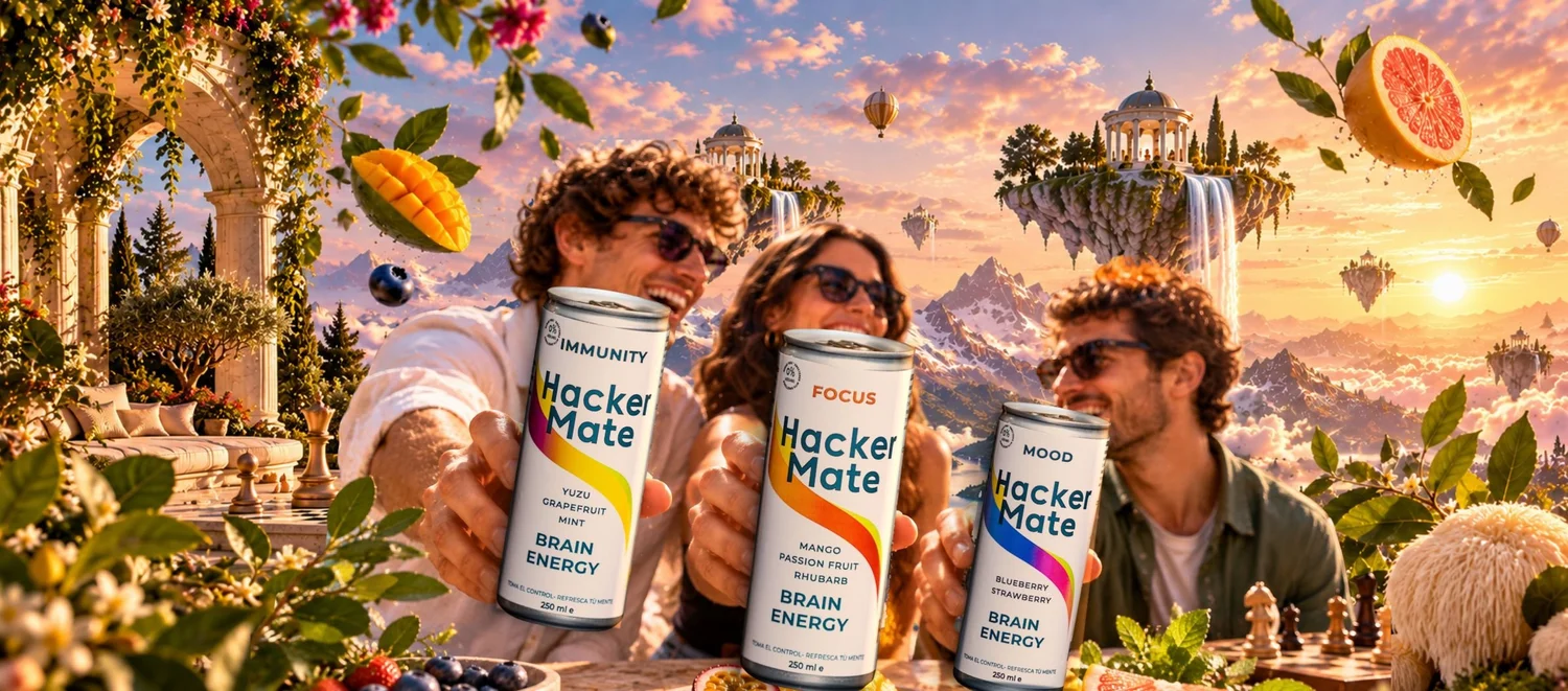 Tres amigos brindan con latas de Hacker Mate Immunity, Focus y Mood en un paisaje de fantasía