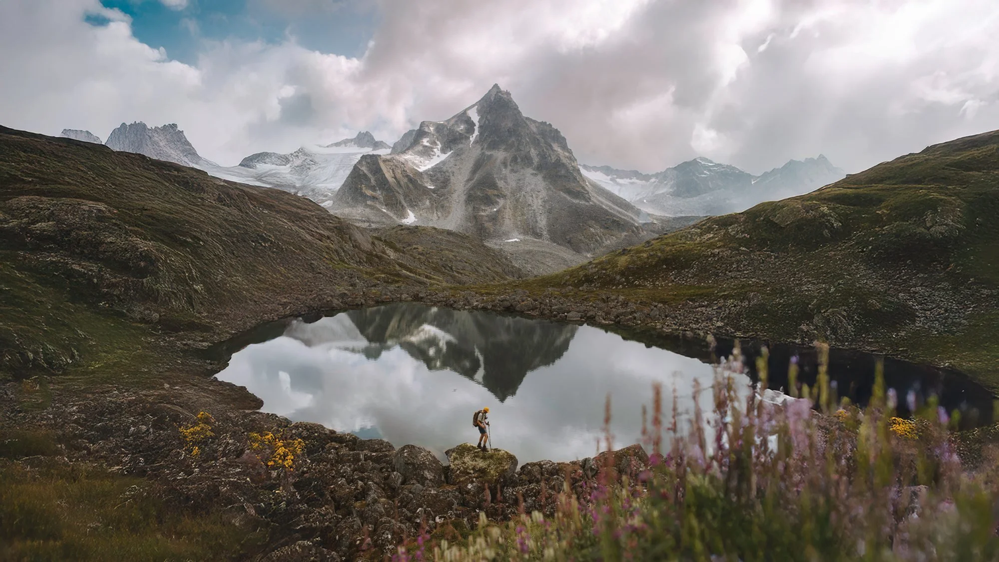 Alpine peaks reflected in a still mountain lake, with wildflowers in the foreground.