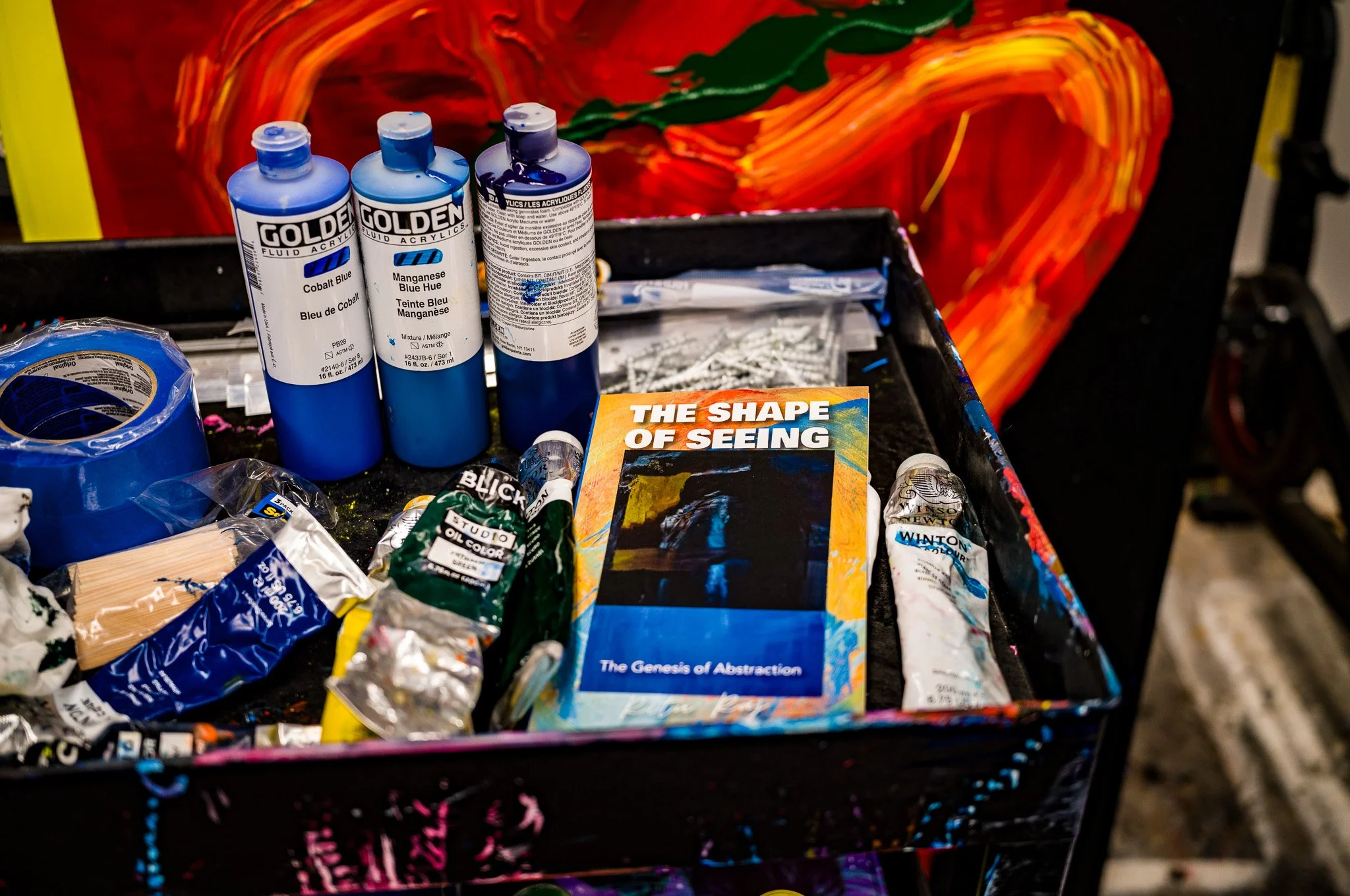 A copy of The Shape of Seeing in a paint cart in Ritu Raj's Phoenix studio, beside bottles of blue acrylic and tubes of oil paint, with a red painting behind