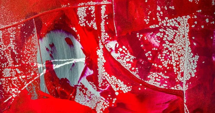 Detail of Emergent Ground in Red: white fractal gaps opening through red acrylic