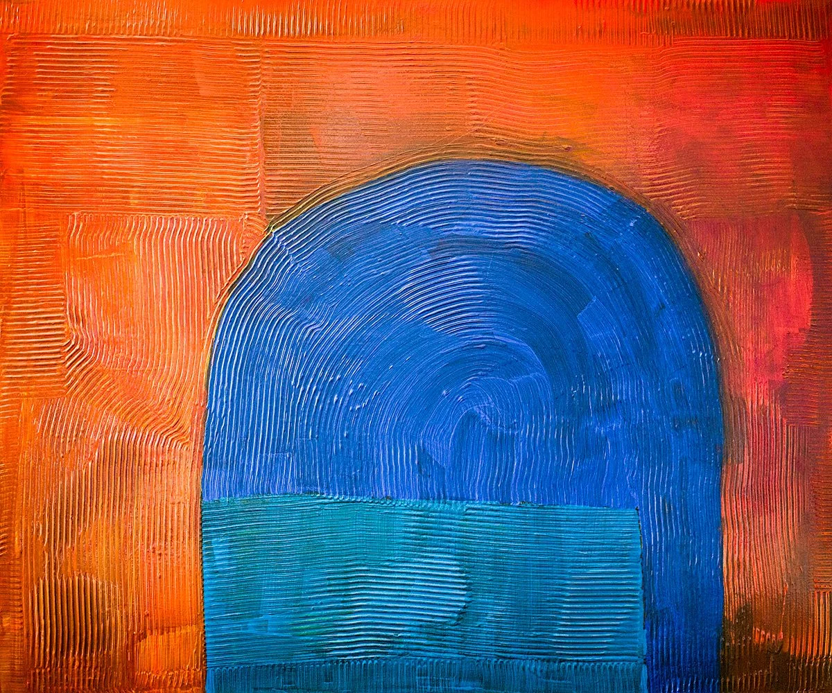A combed blue arch on an orange ground