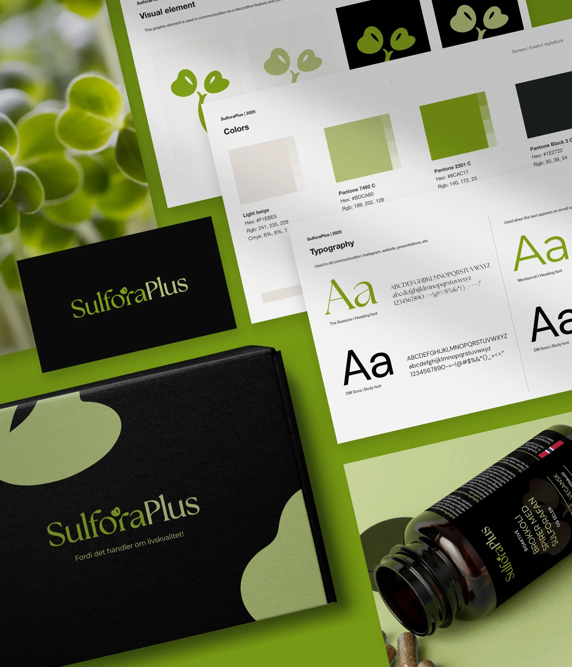 Visuell identitet for SulforaPlus med grønn logo, fargepalette, typografi og emballasje på lys grønn bakgrunn.