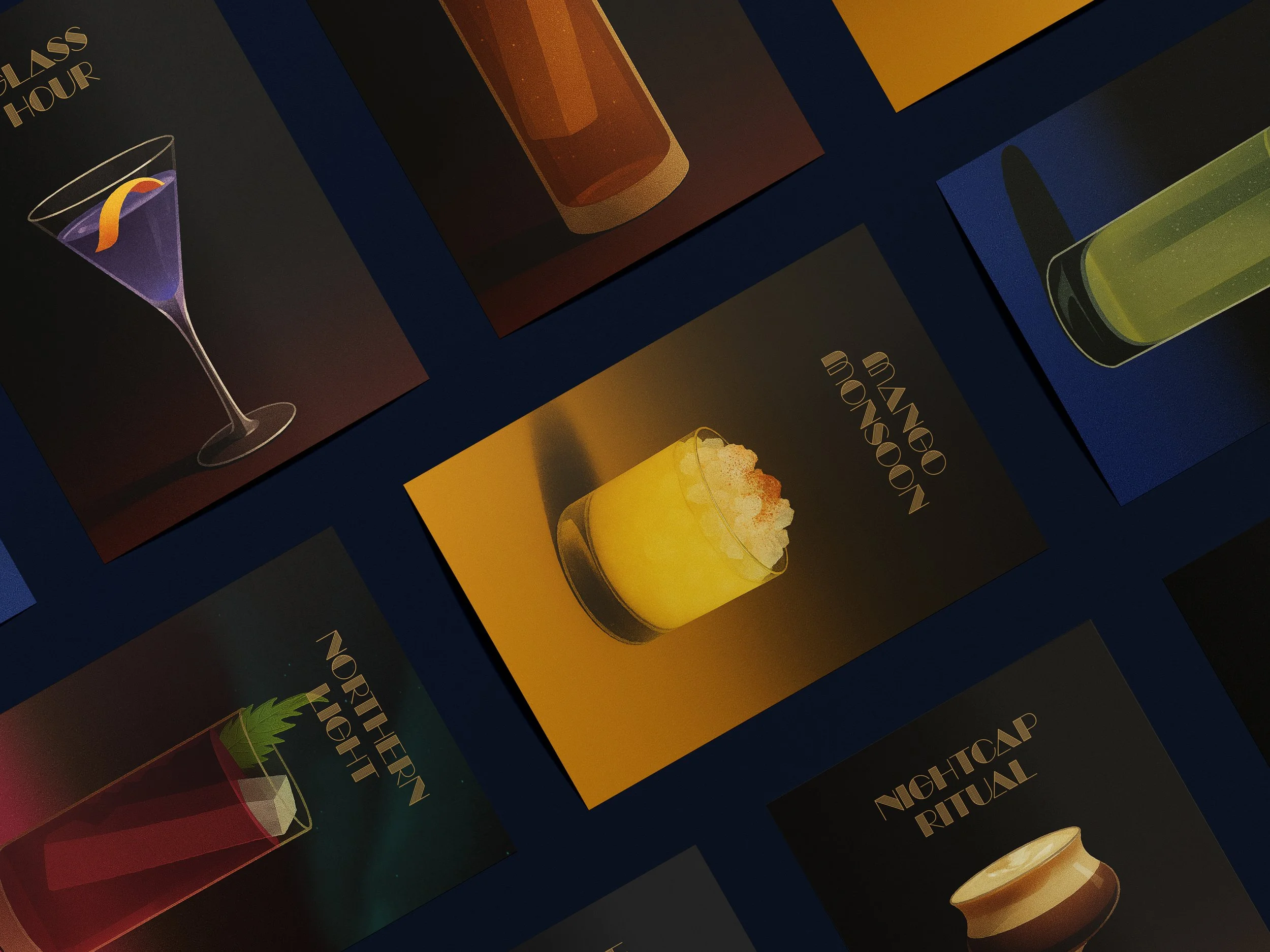 Grafiske kort for Seven med fargerike cocktailillustrasjoner, blant annet Mango Monsoon, Northern Light og Nightcap Ritual.