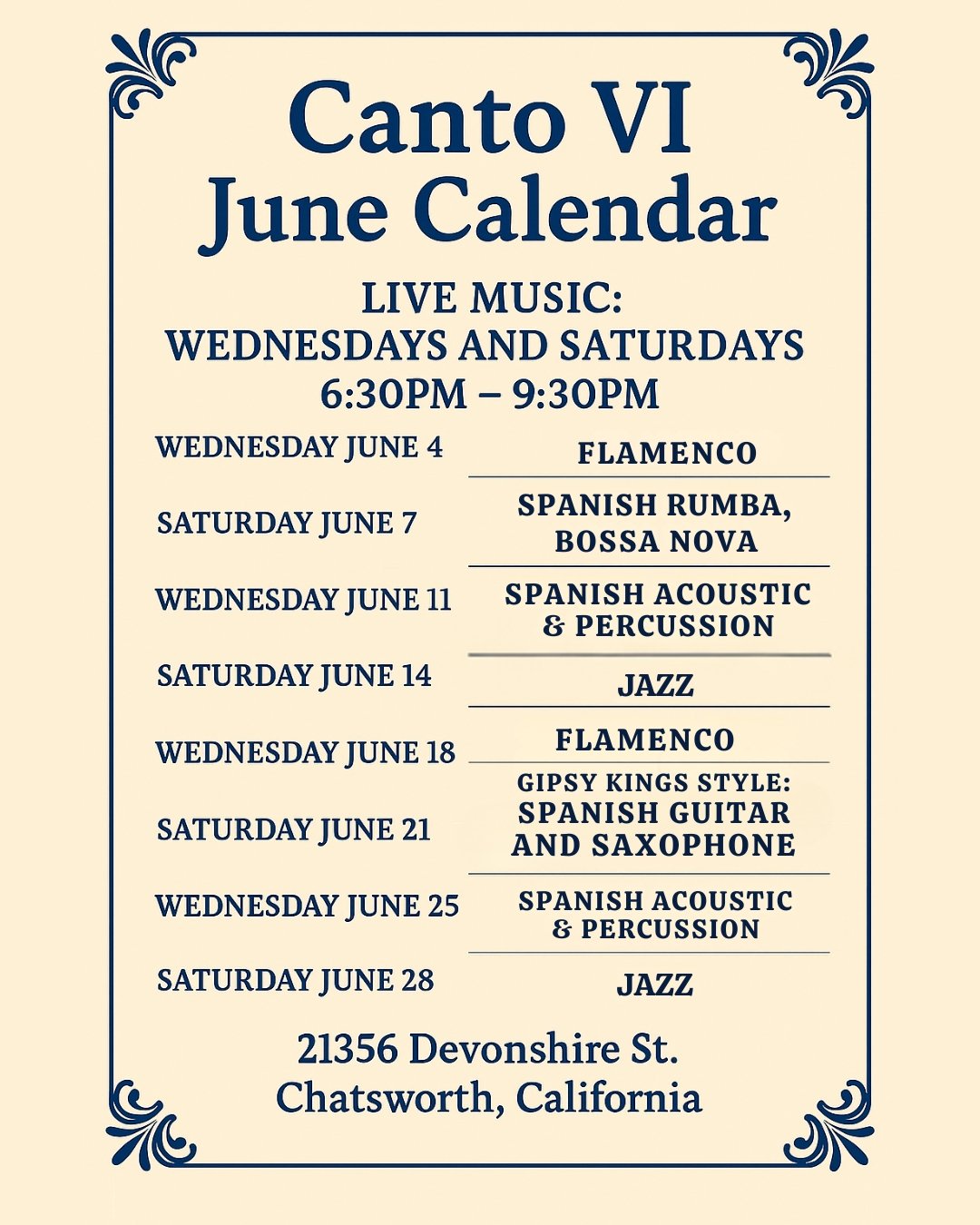 Canto VI June 2025 Live Music Calendar Poster