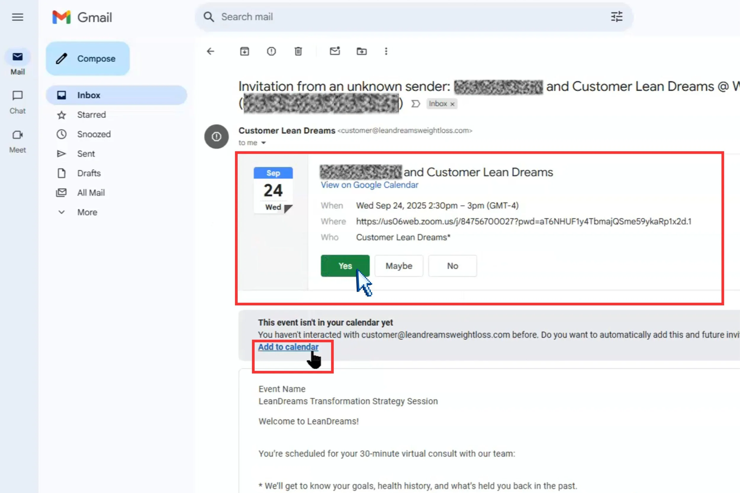 Example: calendar invite — Accept