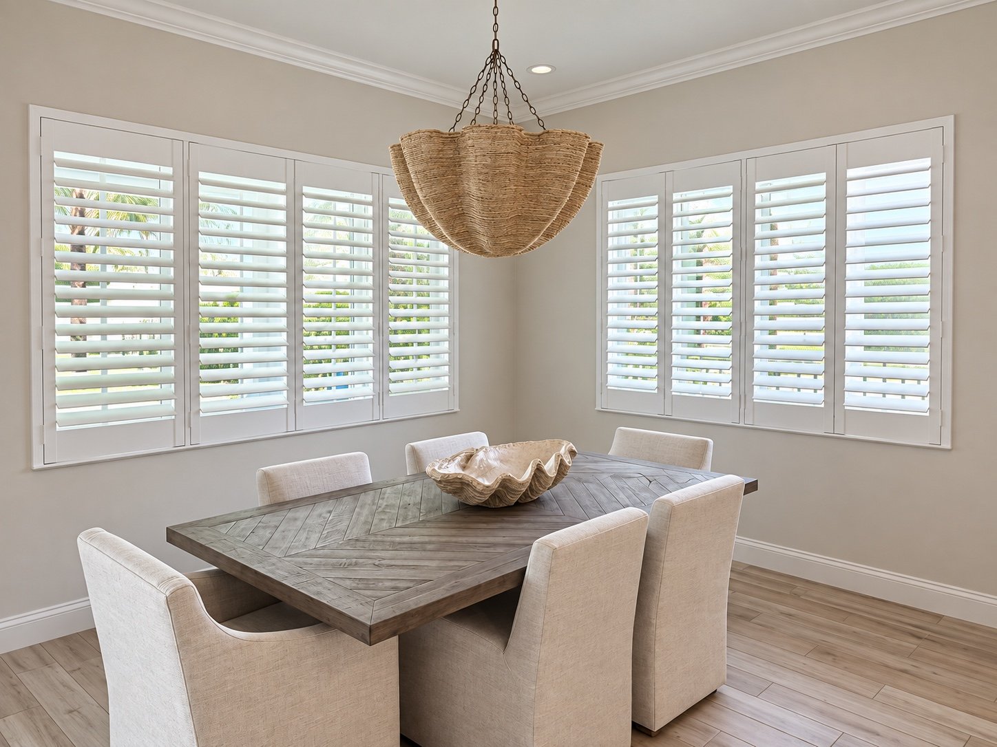 White plantation shutters across two walls of a dining room