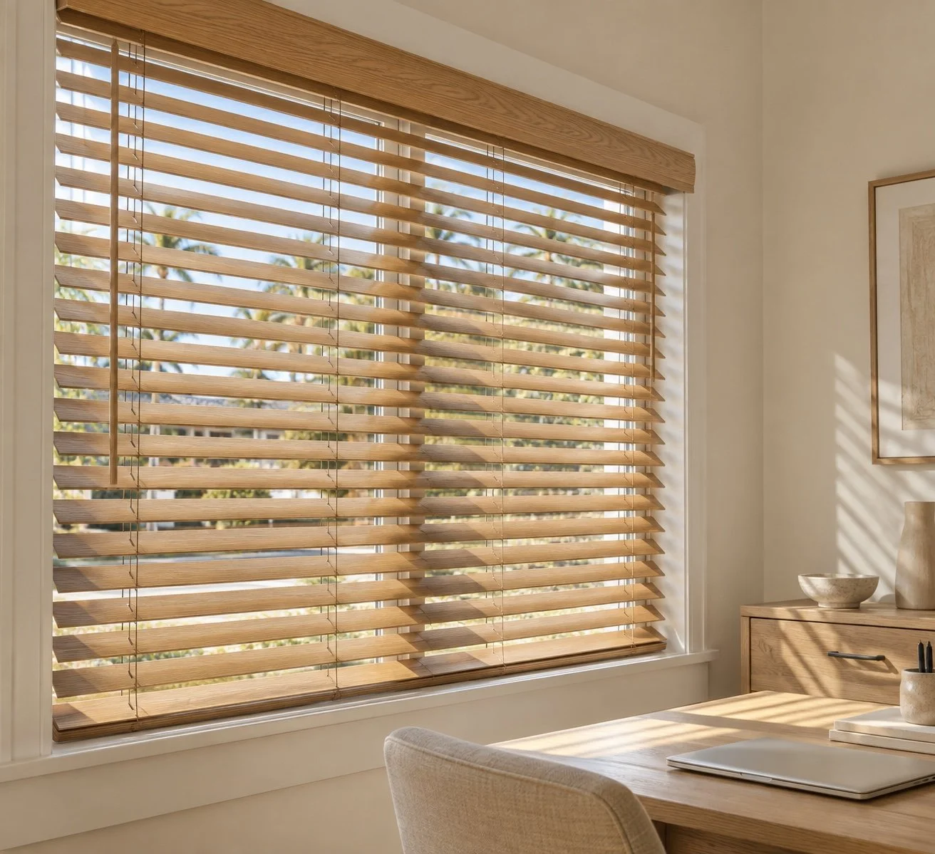 Product illustration of natural wood horizontal blinds with tilted slats