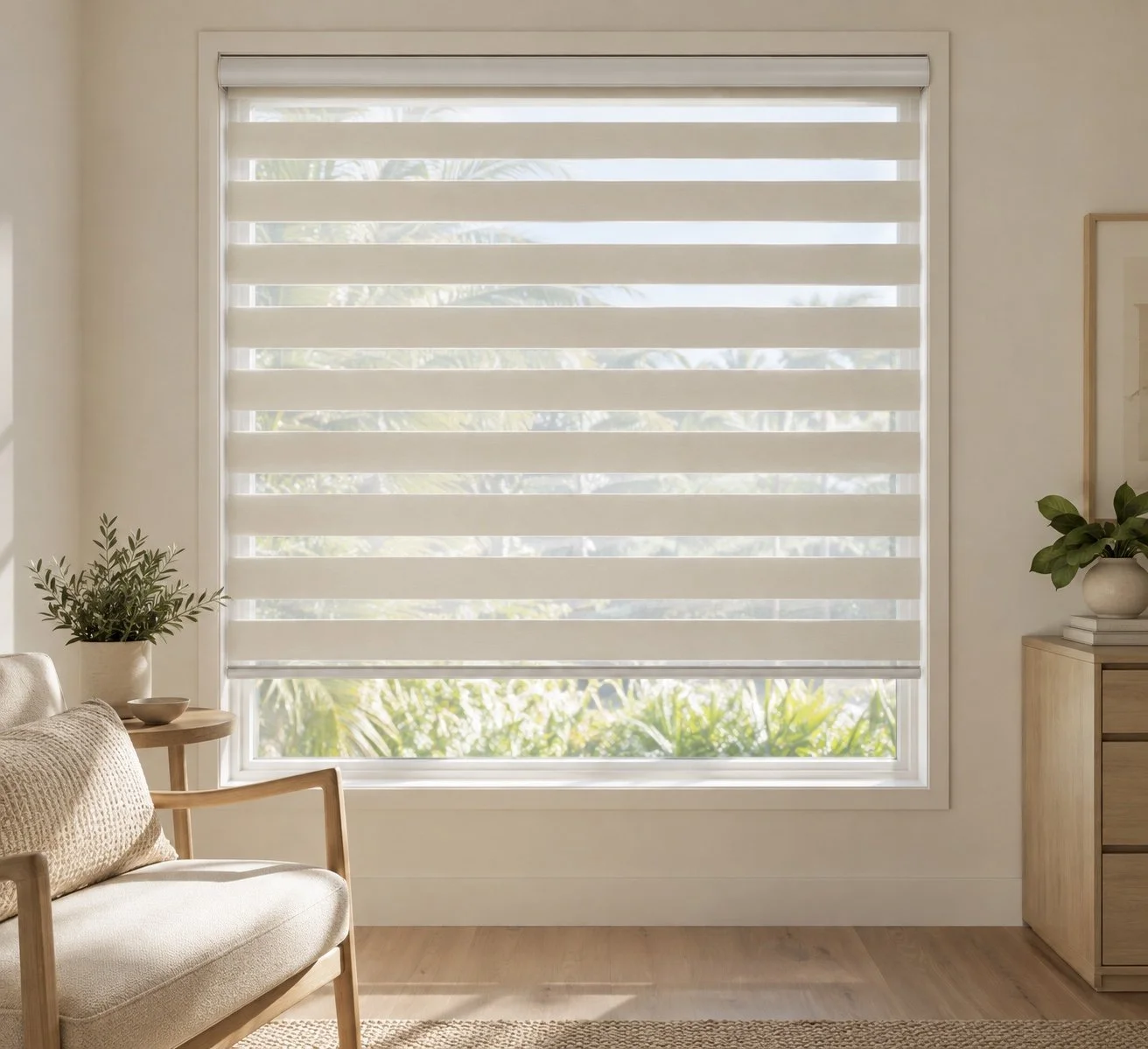 Product-style visual reference of Zebra Shades with alternating sheer and opaque fabric bands