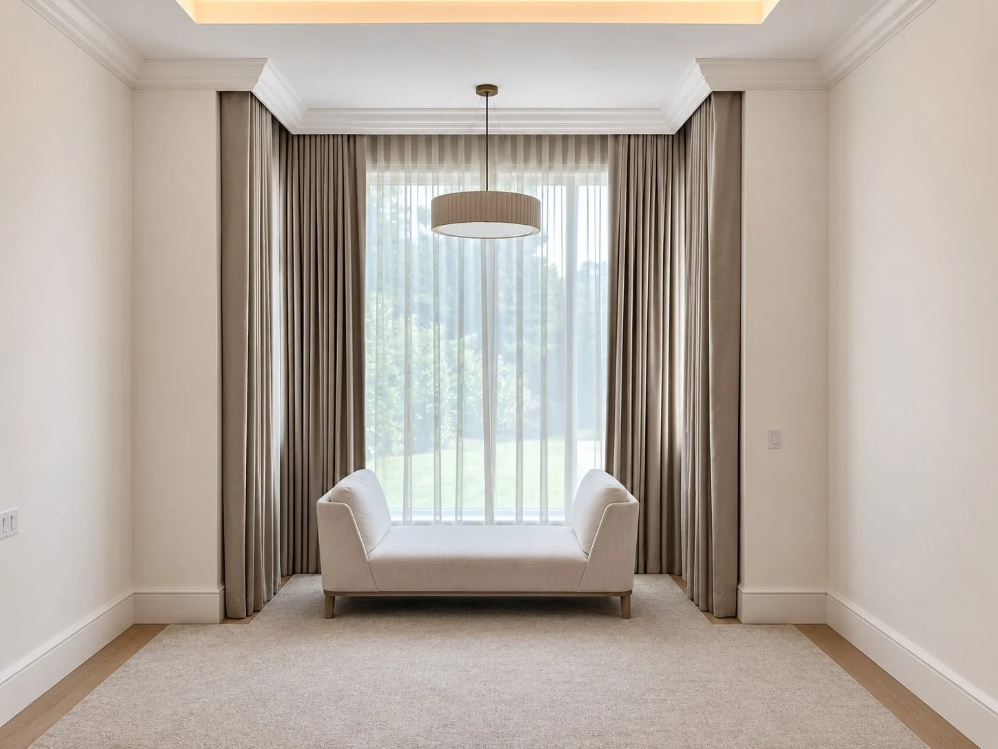 Full-height taupe drapery and white sheers framing tall windows behind a cream settee