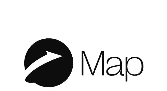 Concept three: a circular globe mark with a sweeping arrow, beside a light Map wordmark