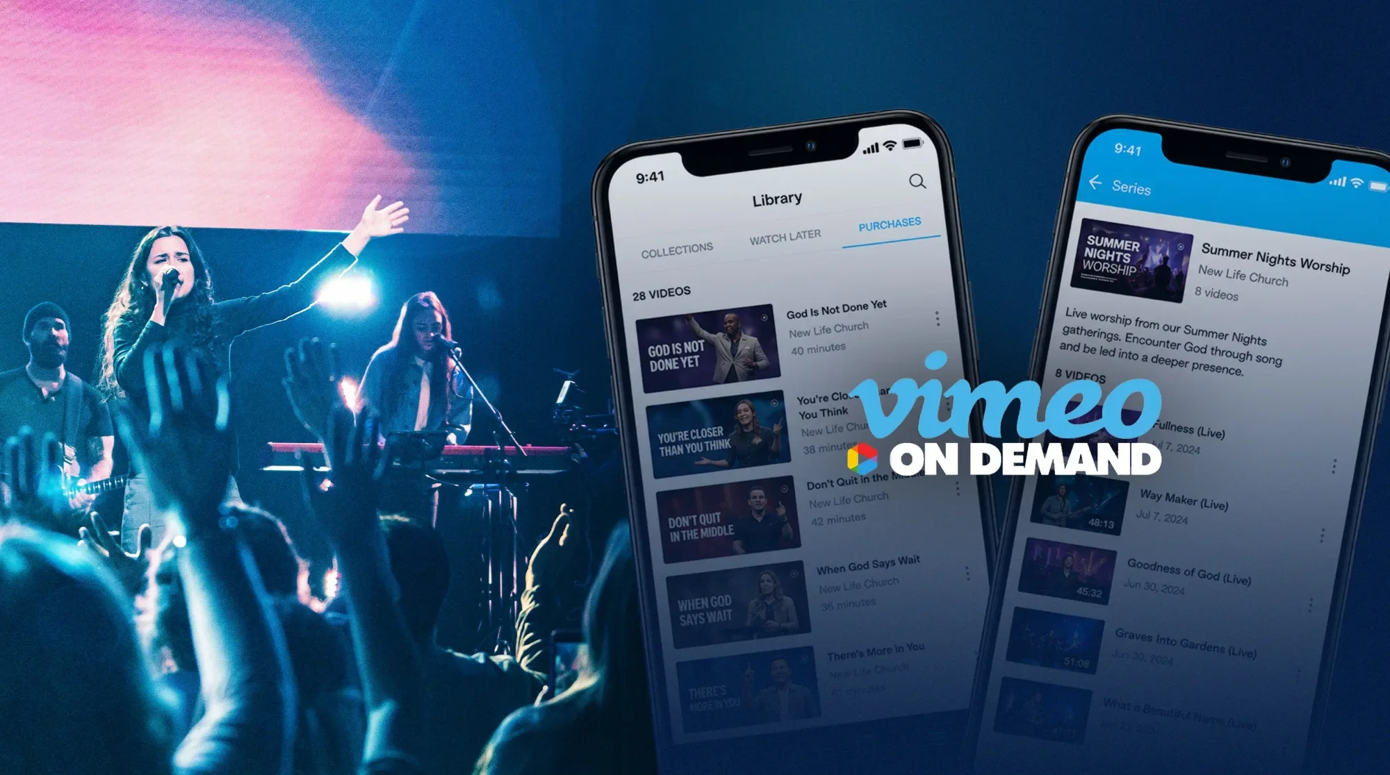 Two phones showing a church media library and series pages, beside a worship leader singing on stage
