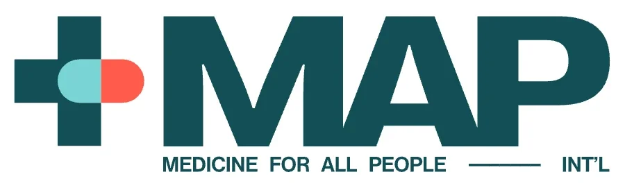 The new MAP master logo: a midnight green cross joined with an aqua and vermilion capsule, a bold MAP wordmark and the line Medicine for all people, International