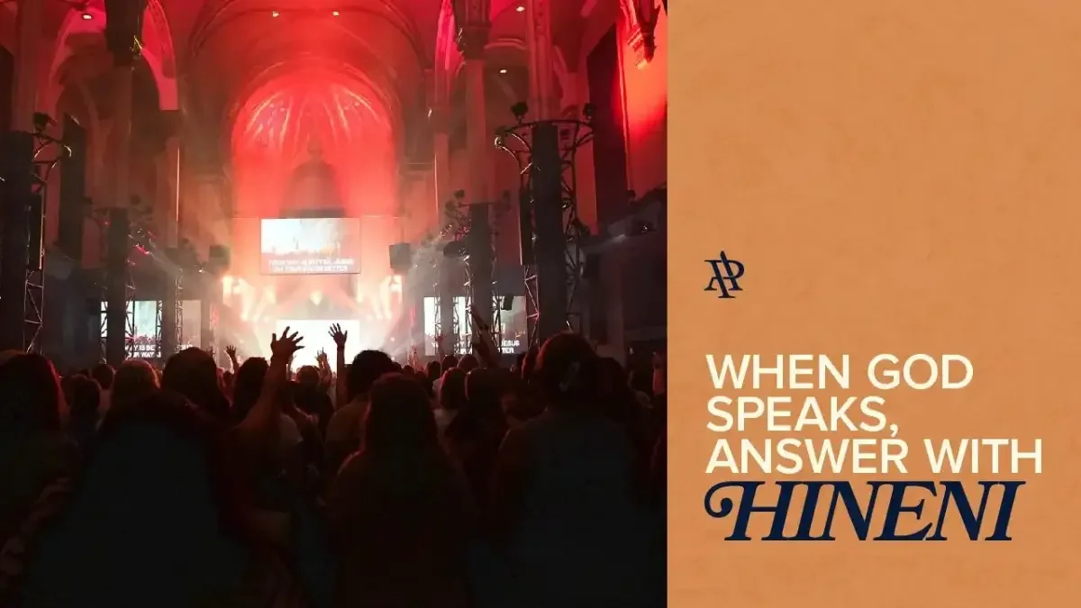 Article header: When God speaks, answer with Hineni, beside a photo of a worship gathering