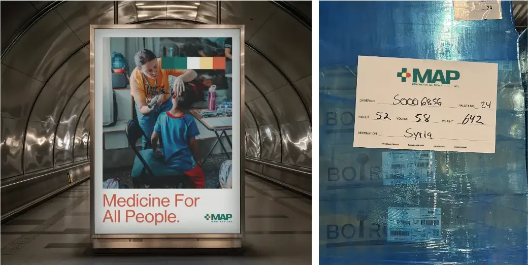 Color option three on a subway poster reading Medicine for all people, and a shipping label