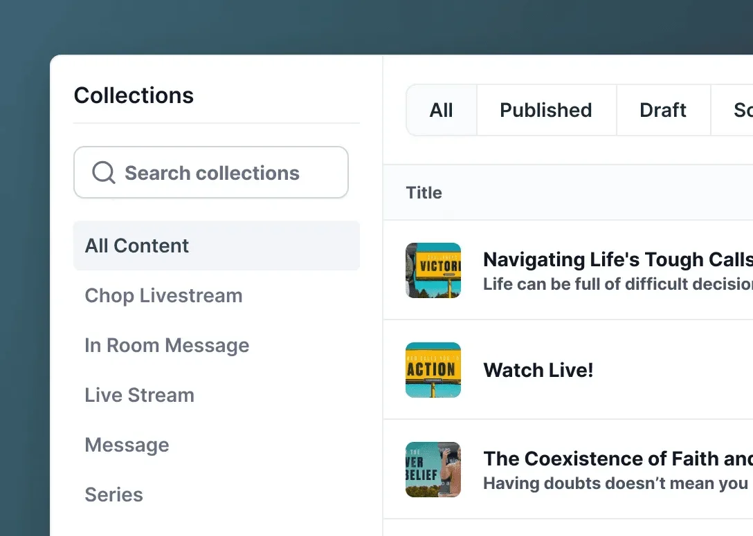 The Apollos content library interface listing collections, livestreams and messages