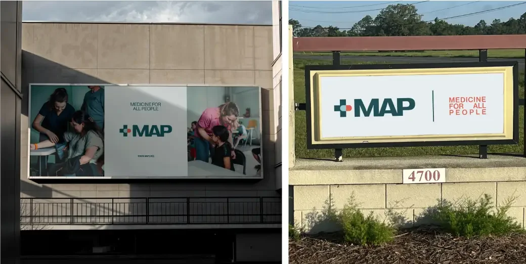 Color option two: deep teal with coral on a building banner and the campus entrance sign