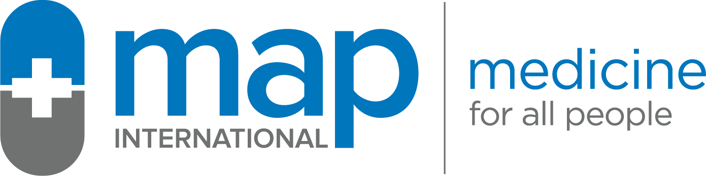 The previous MAP International logo: a blue and grey pill with a cross, a lowercase map wordmark and the line medicine for all people