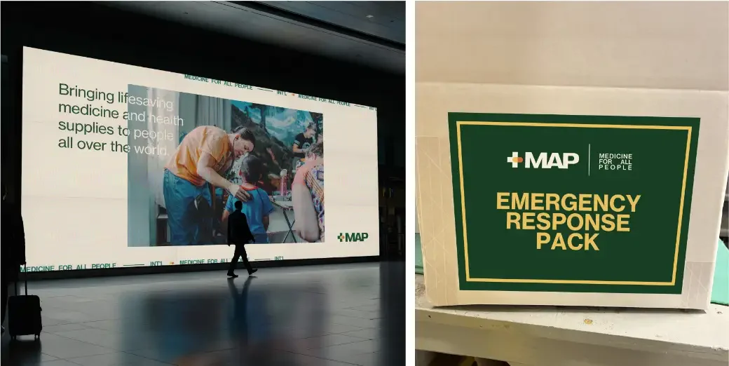 Color option one: a dark green and gold palette on a billboard and an emergency response pack