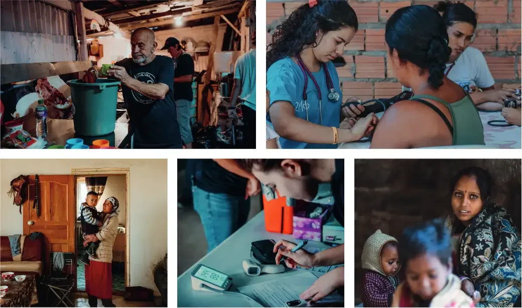 Field photography: health workers checking blood pressure, a pharmacy table and mothers with young children