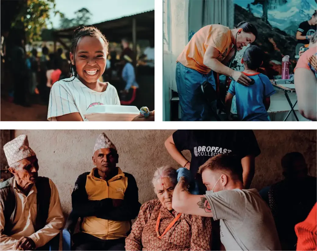 Field photography: a smiling girl, a volunteer treating a child, and an elderly group receiving care