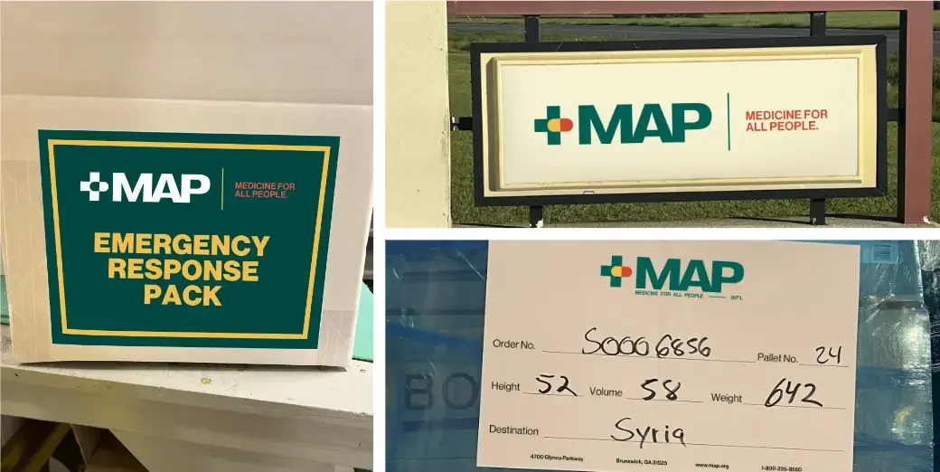 The new MAP logo on an emergency response pack, a campus sign and a shipping label bound for Syria