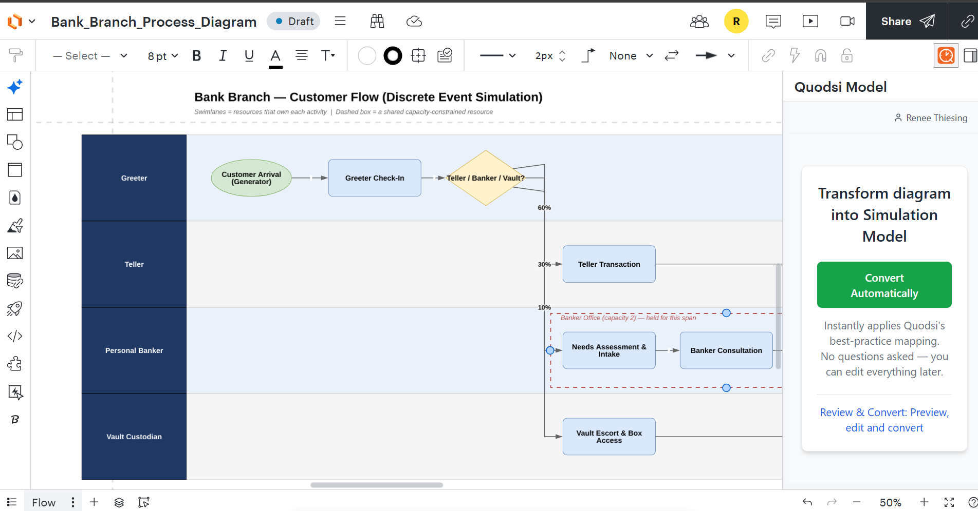Opening a diagram in Lucidchart with the Quodsi extension active