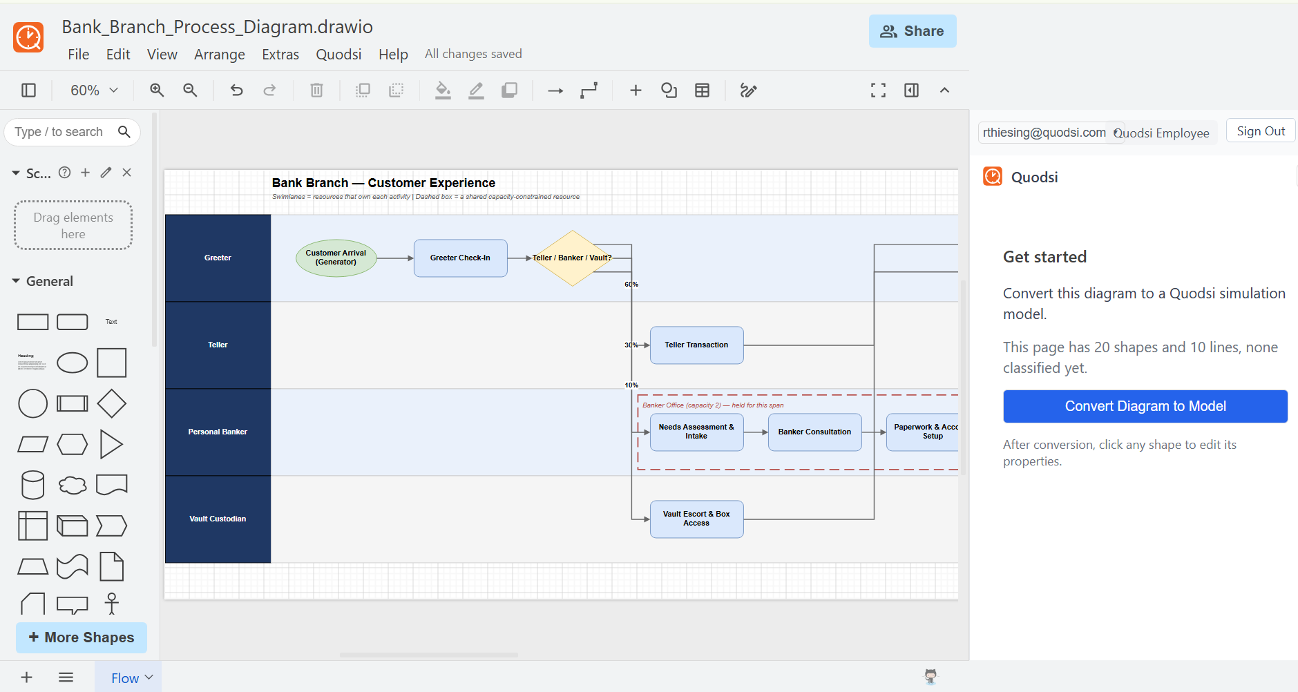 Opening a diagram in Draw.io with the Quodsi extension active