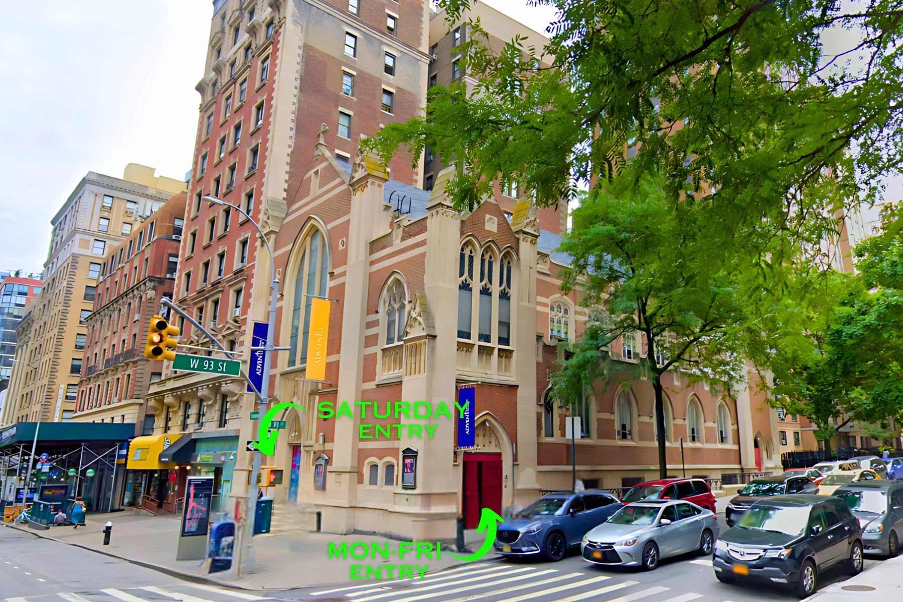 Advent Lutheran Church with weekday and Saturday Broadway Rise entrances marked