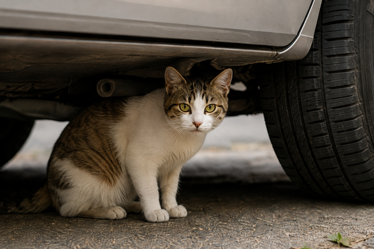 Stray cat sheltering underneath a parked car in Corfu