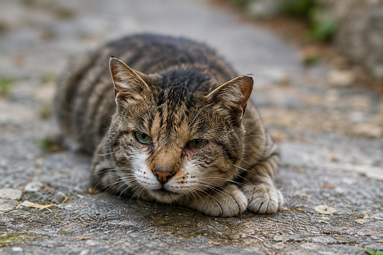 Sick stray cat in Corfu showing signs that it may need help