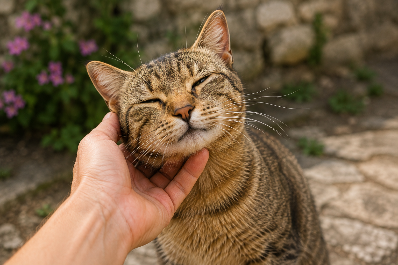 Friendly street cat in Corfu enjoying attention without necessarily being abandoned