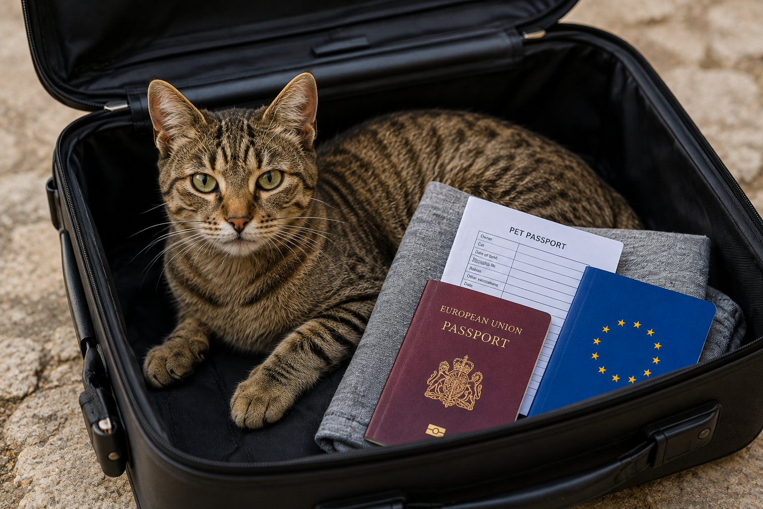 Corfu cat in a travel suitcase with pet passport documents for adoption