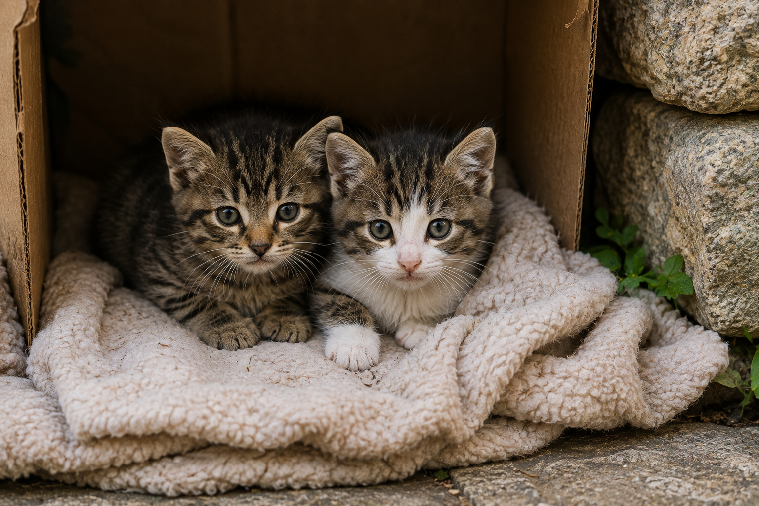 Two stray kittens sheltering together in Corfu while their mother may be nearby