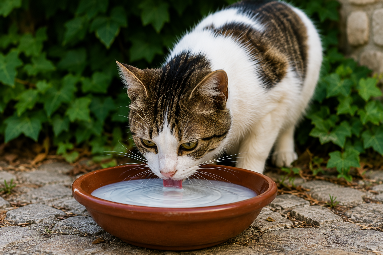 Stray cat drinking fresh water from a bowl in Corfu