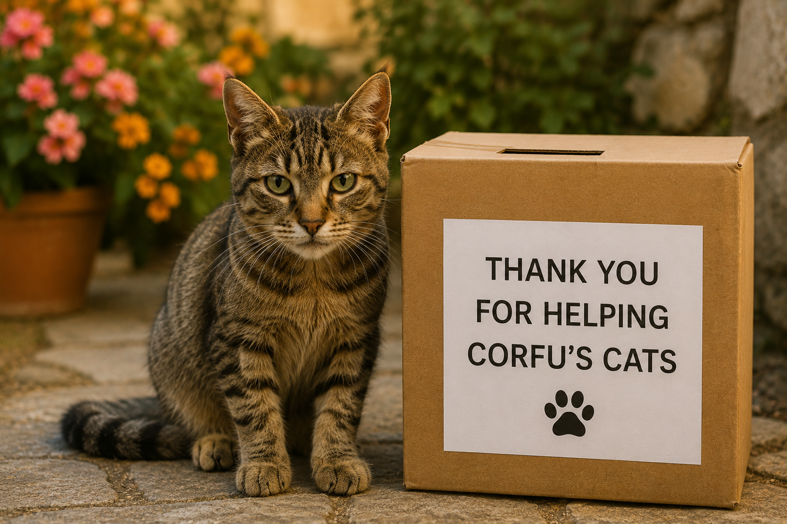 Stray cat beside a donation box encouraging visitors to support Corfu Cemetery Cats