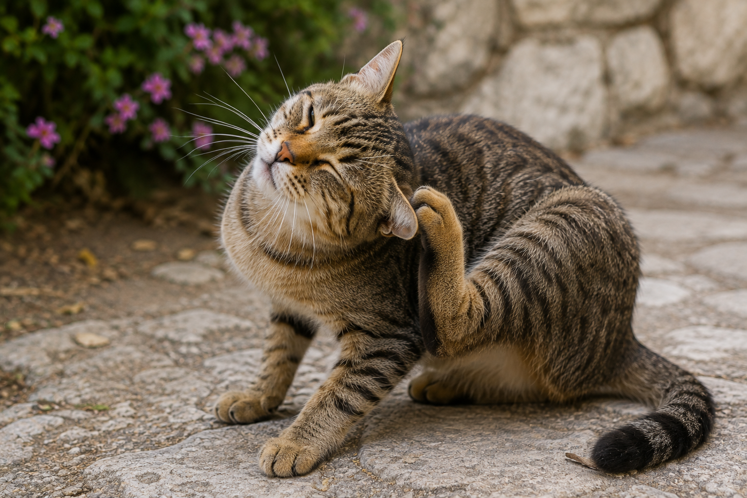 Stray cat in Corfu scratching behind its ear as a possible sign of parasites