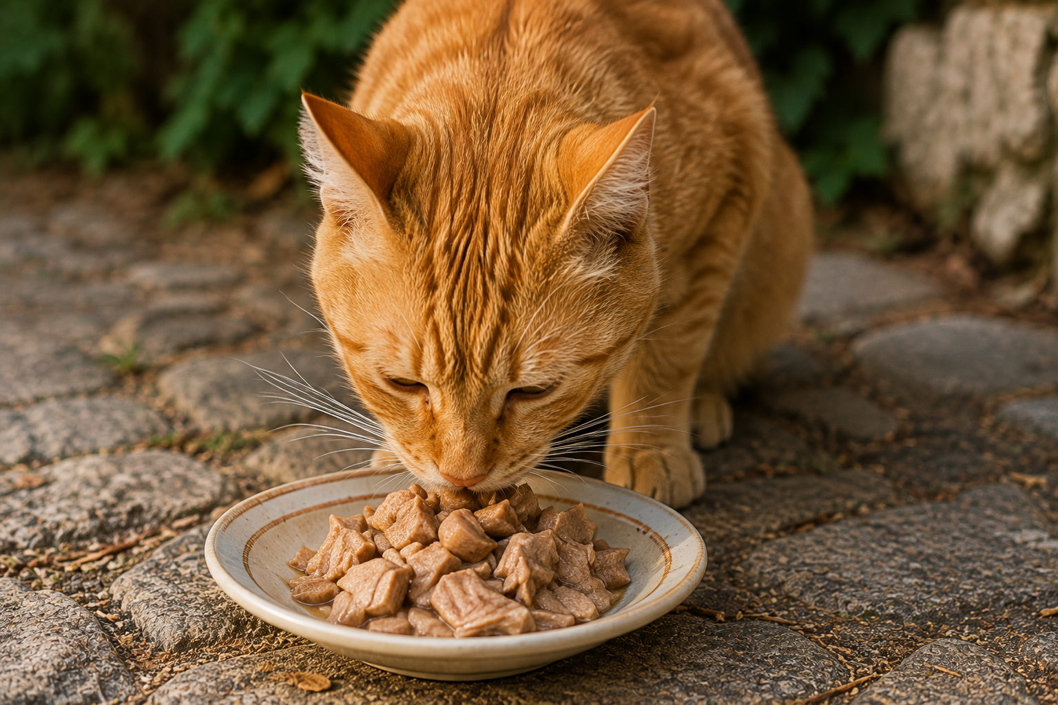 Stray cat eating human food in Corfu as an example of responsible feeding advice