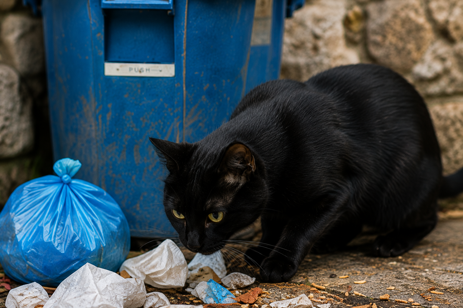 Stray cat near discarded food packaging showing why feeding areas in Corfu should be kept clean