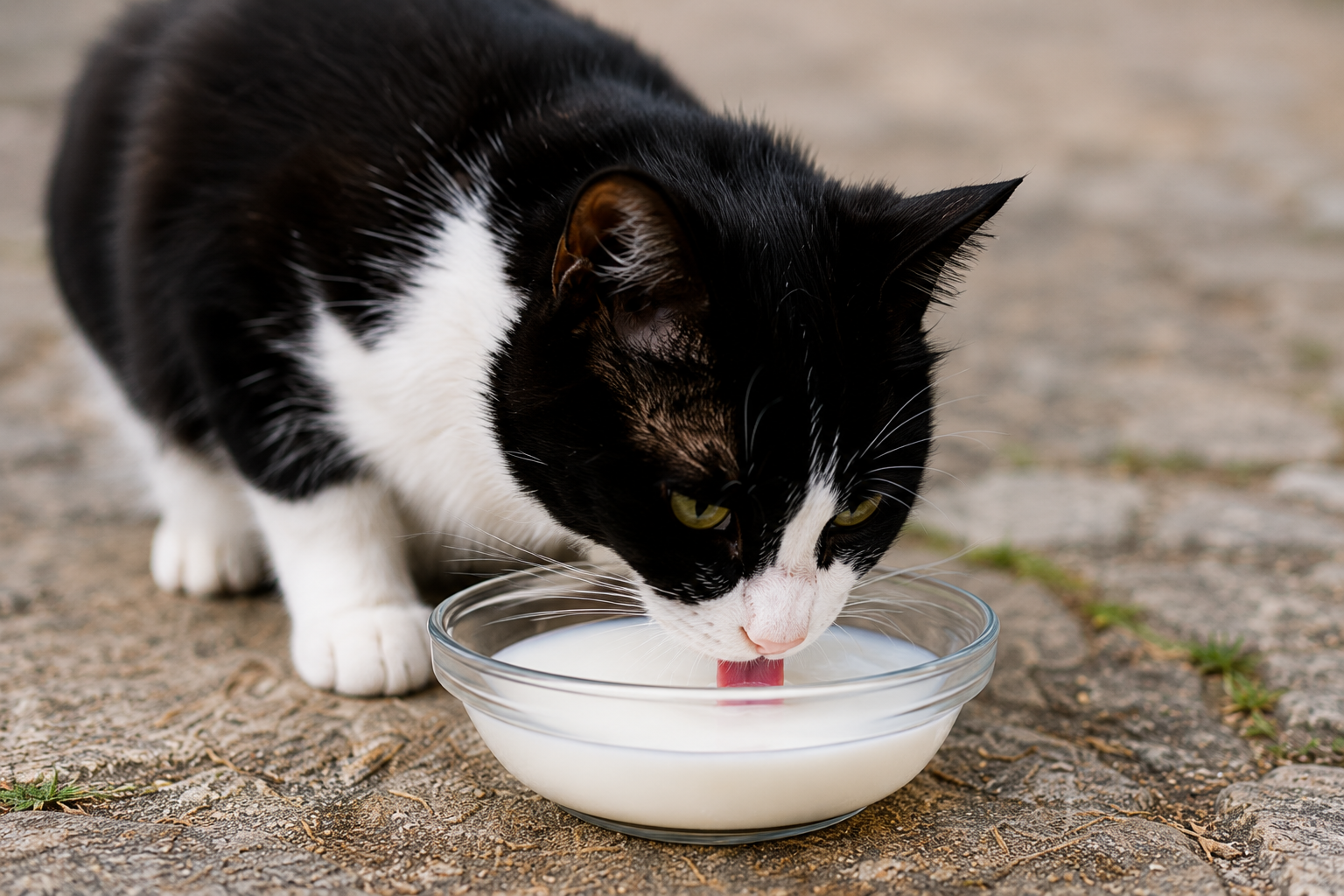 Stray cat drinking milk in Corfu as an example of unsuitable feeding