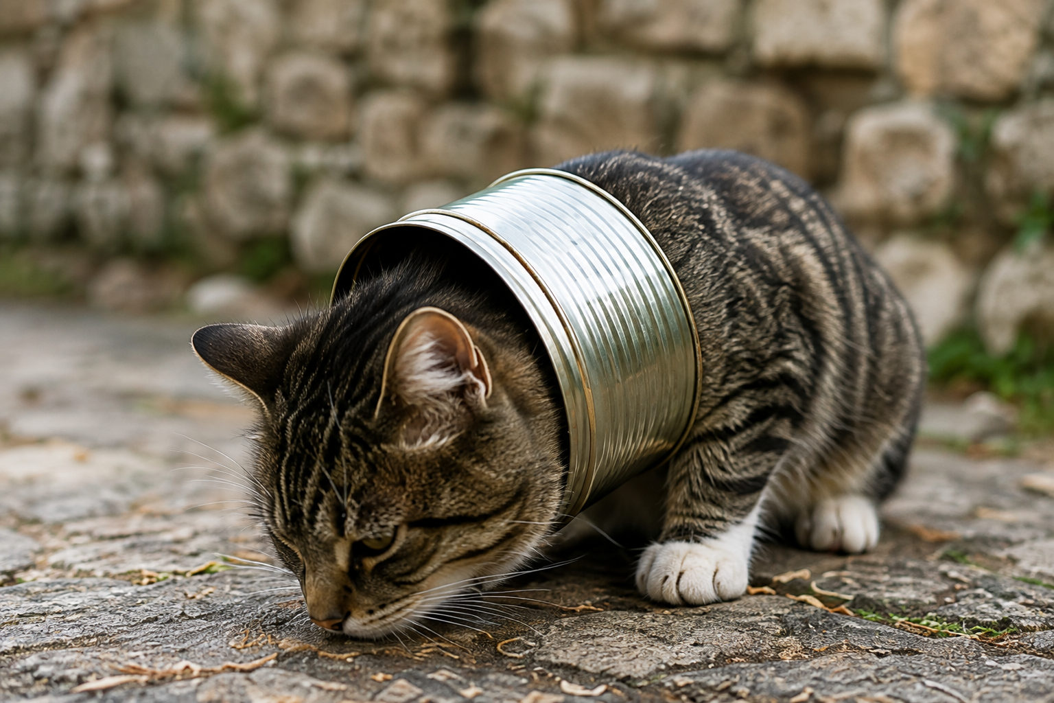 Stray cat trapped in an open food can in Corfu