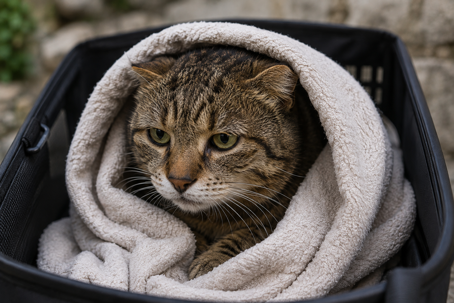 Injured stray cat wrapped safely in a blanket for handling in Corfu