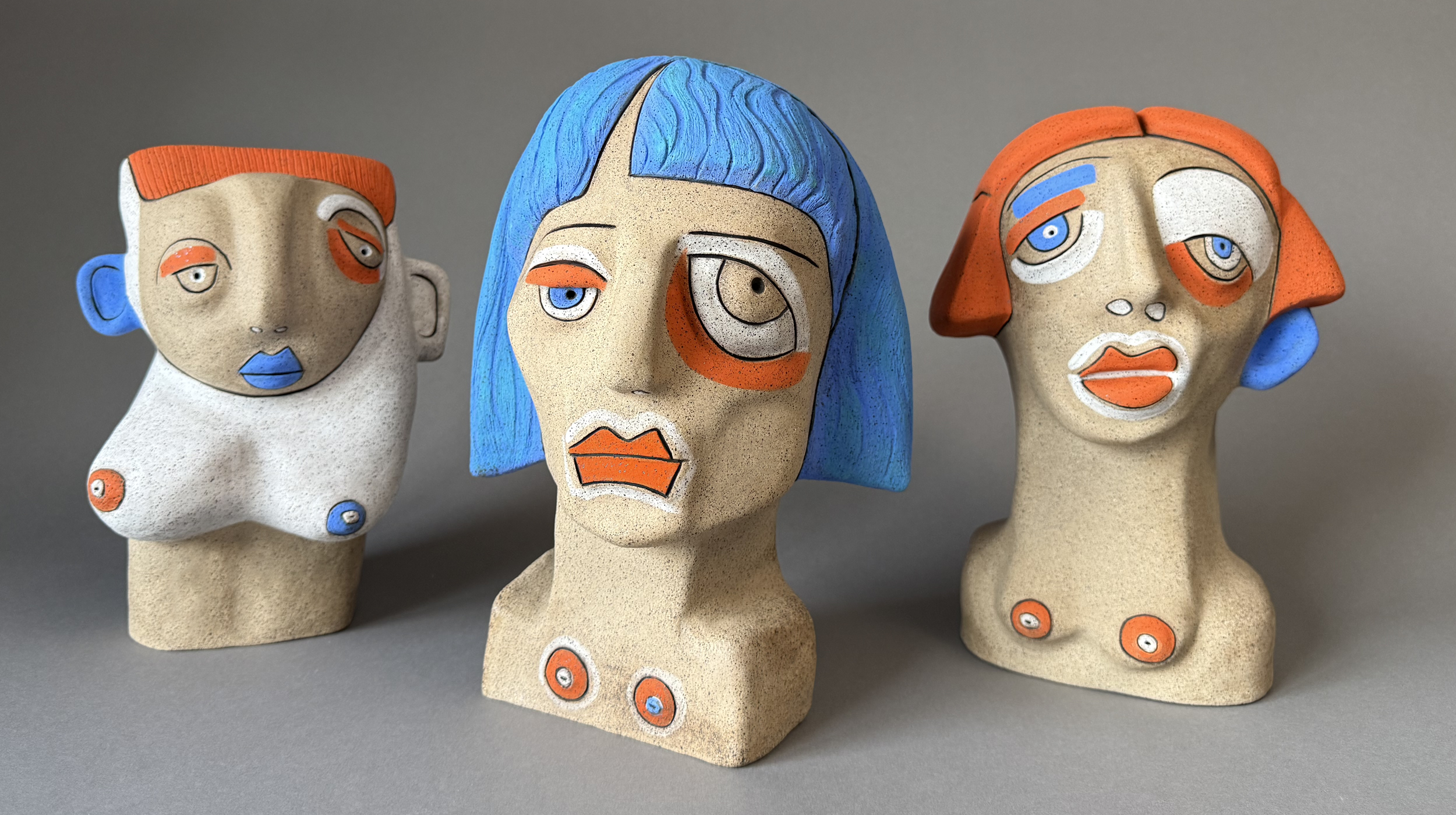 Marina Karassellos Character Sculpture - Woman Portrait Bust Centerpiece with Colorful Faces