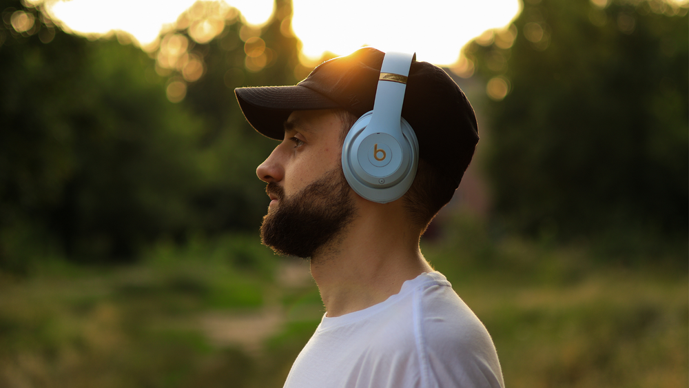 A man listening in headphones