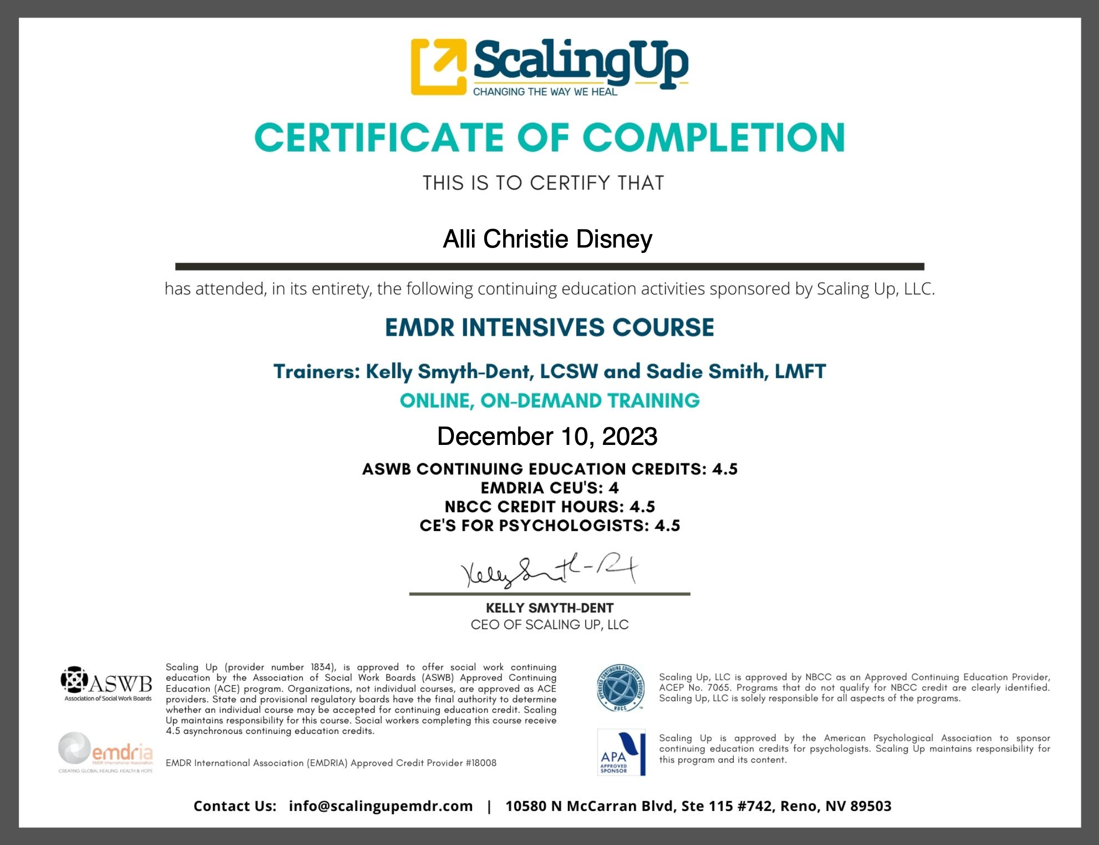 Alli Christie Disney EMDR Intensives Course Certificate of Completion