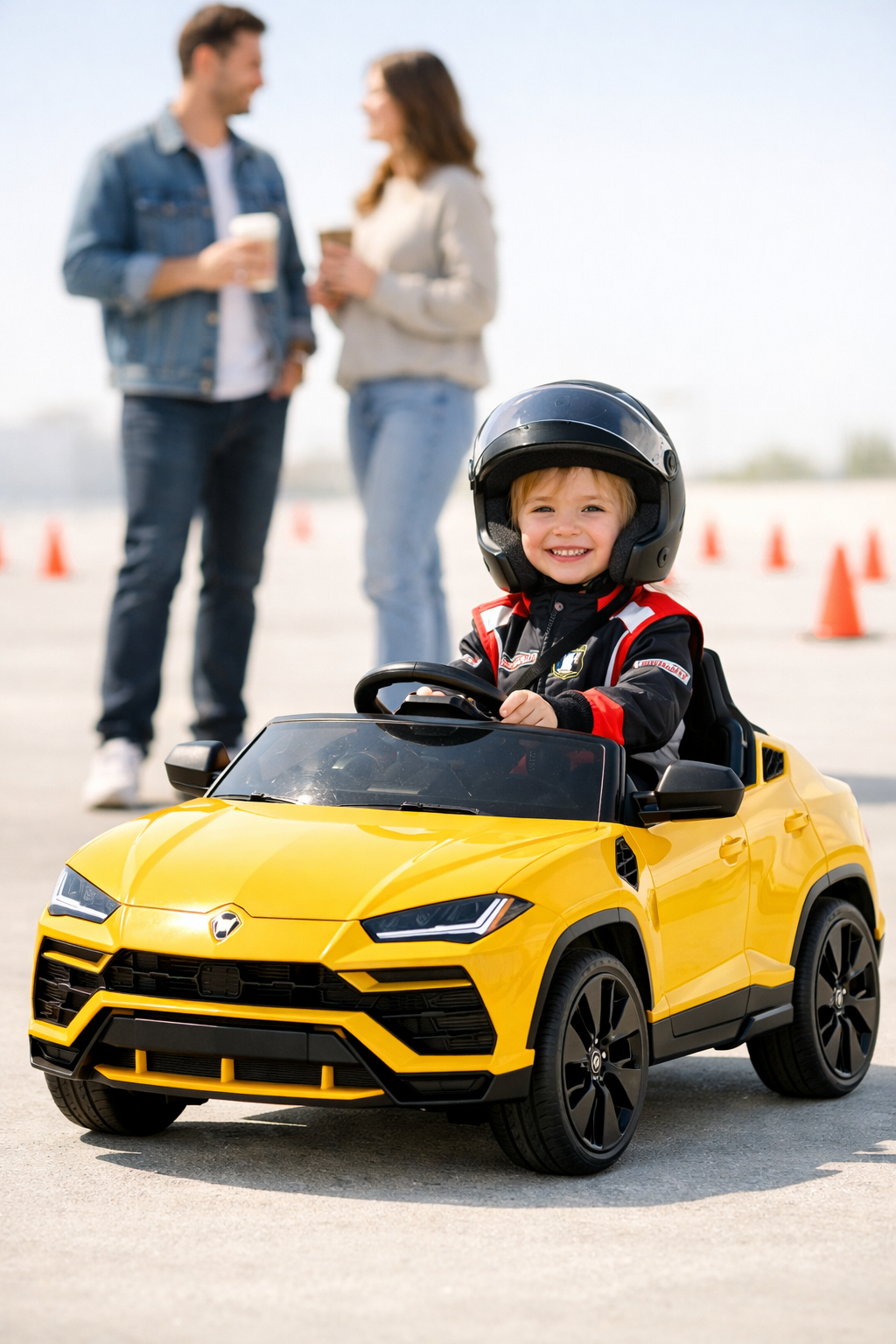 A small driver in a helmet steering a yellow mini Lamborghini SUV past the cones.